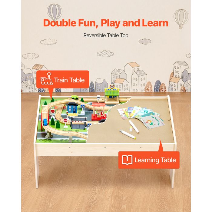 VEVOR Table De Circuit Train En Bois 62 Pièces - Table D'Activités 3 En 1 Double Face Avec Grand Tiroir, Idéale Pour Enfants 3 Ans Et Plus