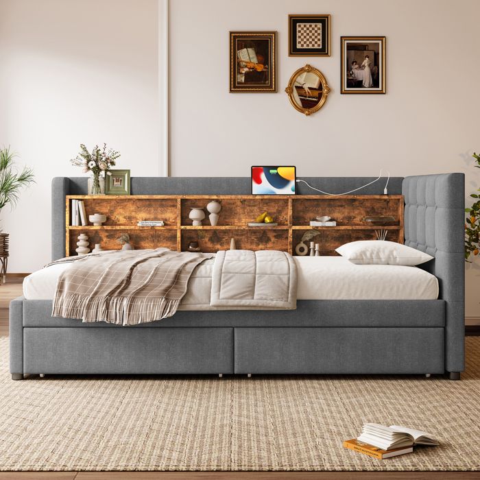 Méridienne 90x200cm, Méridienne avec lit gigogne, Canapé-lit, Lit simple (sans matelas), Style minimaliste, Gris | Leroy Merlin Méridienne 90x200cm, Méridienne avec lit gigogne, Canapé-lit, Lit simple (sans matelas), Style minimaliste, Gris | Leroy Merlin