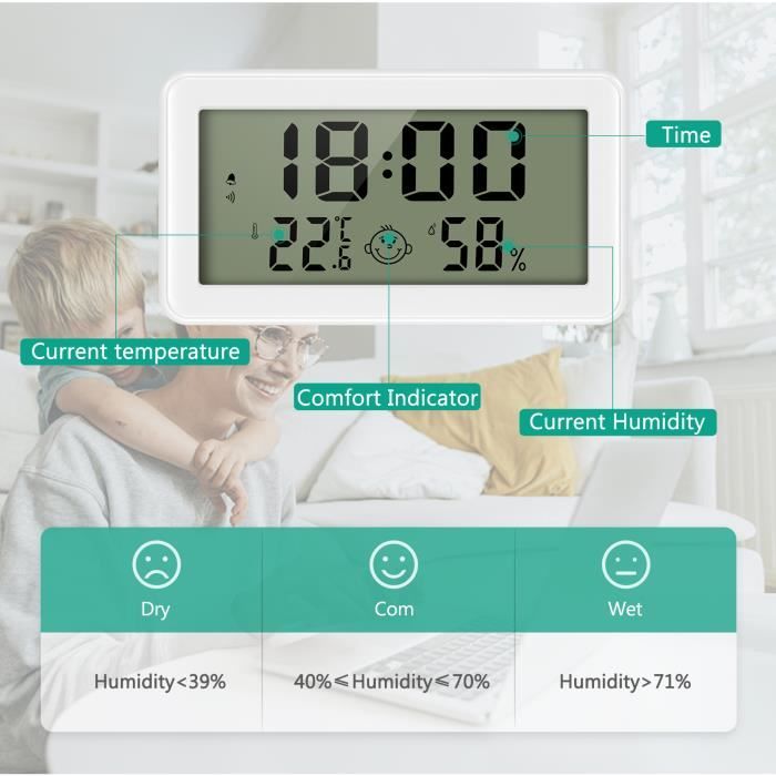 Réveil Thermomètre Hygromètre Zoegneer - Affichage Température Et Humidité - Fixation Magnétique Ou Support - Blanc