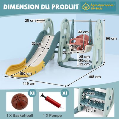 Portique de jeux extérieur multifonctionnel pour enfants : trampoline, balançoire, toboggan, filet de sécurité, panier de basket, structure en fer robuste, idéal pour le jardin