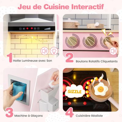 GOPLUS Cuisine Enfant Rose Avec Son – Moulin à Café, Machine à Laver, Accessoires – 70x30x88 Cm – Dès 3 Ans – Jeu De Rôle Immersif