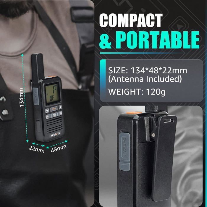Retevis RB667 Walkie Talkie PMR446 Con USB-C, Batteria 1600mAh E Display LCD – 2 Pezzi