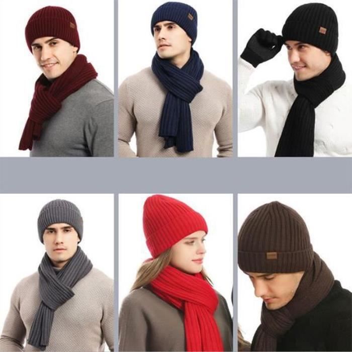 Hiver tricot ensemble bonnet écharpe gants 3 en 1 doux polaire doublé Ski  chapeau épais chaud Stretch cou gants hommes femmes - Cdiscount  Prêt-à-Porter