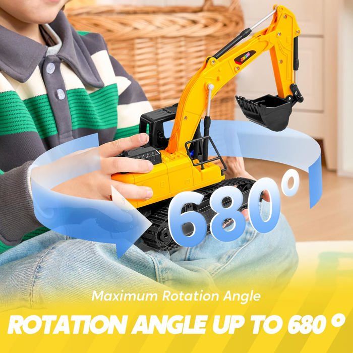 FUYLE Pelleuse à Commande à Distance, Camion de Chantier pour Ingénierie pour Garçons avec Pelle en Métal, Lumières, Sons, Rotation à 680 Degrés, 2,4 GHz, Jouets de Construction, Cadeau de Noël et
