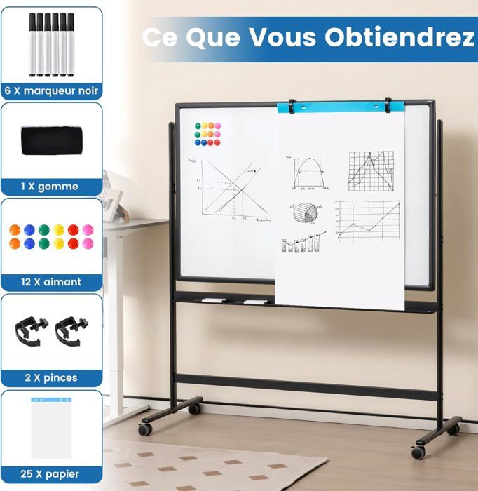 GOPLUS Tableau Blanc Effaçable 65x100cm Mobile Magnétique Roulant Hauteur Réglable - Chevalet Avec Accessoires