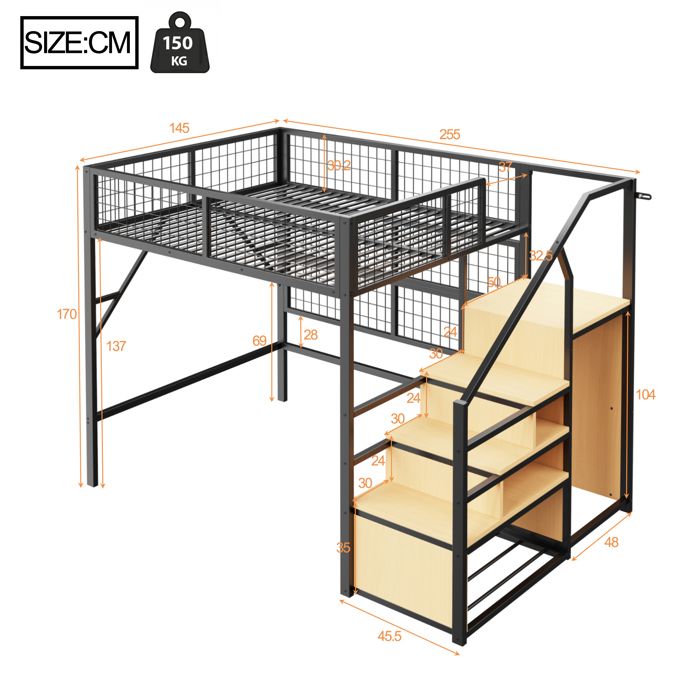 Lit Mezzanine Métal 140x200 Cm Avec Armoire, Échelle Et Lumières LED - Noir