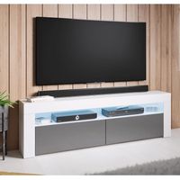 Meuble TV AKER - 2 portes LED - Blanc et Gris Finition brillante - 140 x 50,5 x 35cm
