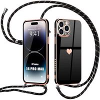 Coque Cordon pour iPhone 14 Pro Max Noir Amour-Mignon Antichoc Motif Cœur Anti-Rayure Souple