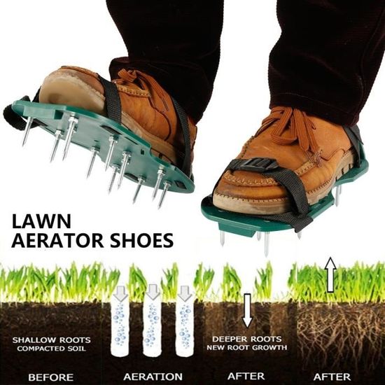 Aérateur Pelouse Chaussures Avec 26 Pointes + Pelle Et Râteau Inox - Lacets Réglables Pour Entretien Gazon