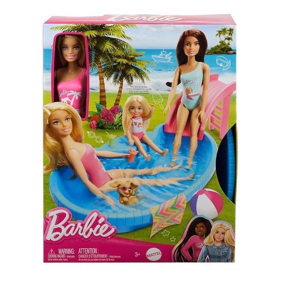Coffret Barbie Piscine de reve avec Toboggan rose poupee glamour blonde Accessoire Set Jouet Fille Carte animaux Cdiscount Jeux Jouets