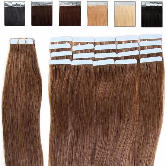 18" Extensions de Cheveux Bande adhésive Ruban adhésif – #06 Marron clair – 45cm - 20pcs - Extensions en cheveux humains naturels…