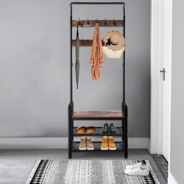 Meuble d'Entrée Vestiaire avec Etagère à Chaussure 2 in 1 Style Industriel Porte-Manteaux- 72x33x183cm
