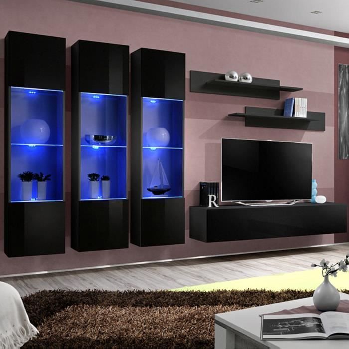 Ensemble meuble TV noir design NOVOLI Noir L 310 x P 40 x H 190 cm