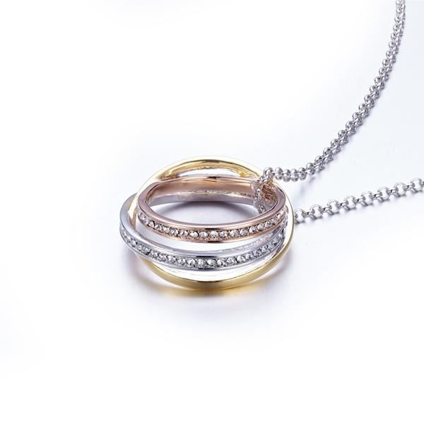 Pendentif Cercles 3 Ors Jaune, Blanc et Rose, Cristaux Swarovski Elements et Plaqué Rhodium