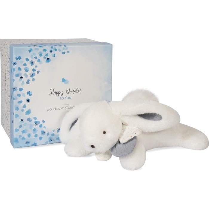 Doudou et Compagnie - Peluche Lapin -25 cm - Lapin Pompon Blanc/Bleu - Jolie Boîte Cadeau - Happy Glossy - Happy Doudou To You