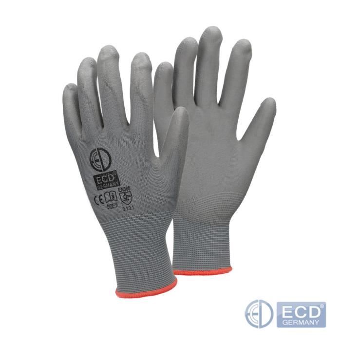 ECD Germany 48 Paires de Gants de Travail en PU - Taille 7-S - Couleur Gris - Élastique - Protection
