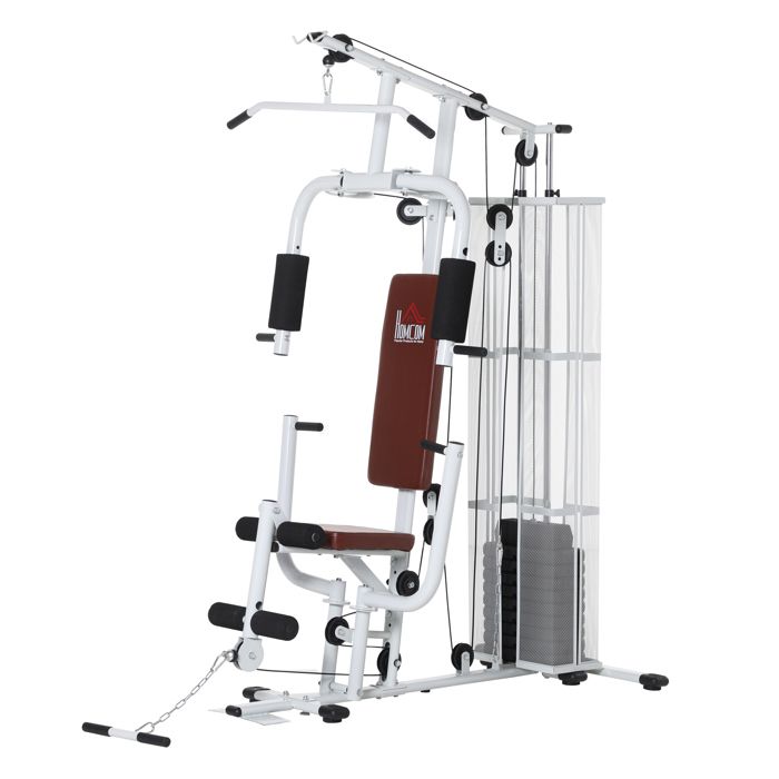 HOMCOM Station de musculation entrainement développé couché butterfly barre latissimus curler bande résistance 10 contrepoids 45 kg