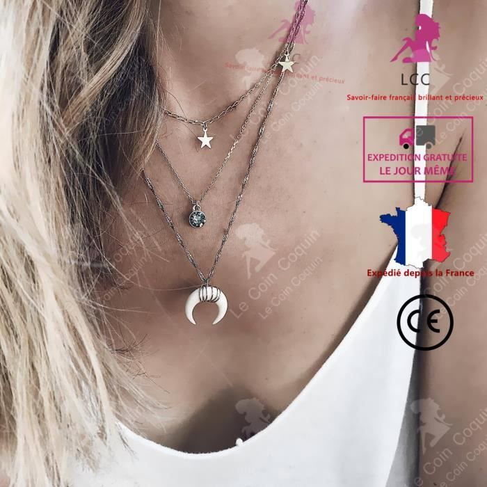 LCC® Collier femme argent fantaisie pendentif en forme de demi lune fille cadeau sautoir chaîne cou anniversaire vintage alliage ten