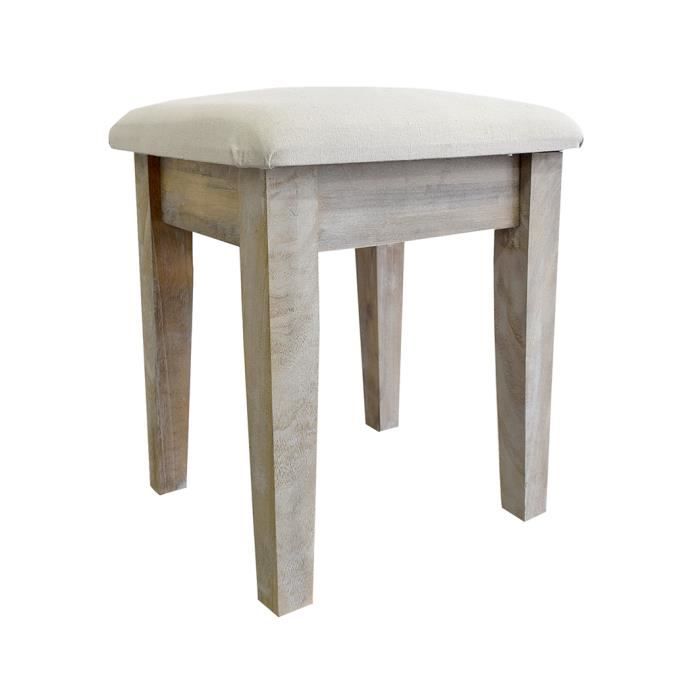 Mobili Rebecca® Tabouret Coussin Rembourre Bois Blanc Tissu Creme Vintage Retro Chambre Bain