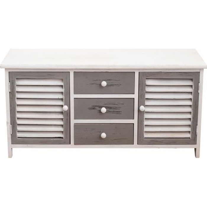 Rebecca Mobili Armoire Meuble TV 2 Portes 3 Tiroirs Bois Blanc Gris 44x90x34