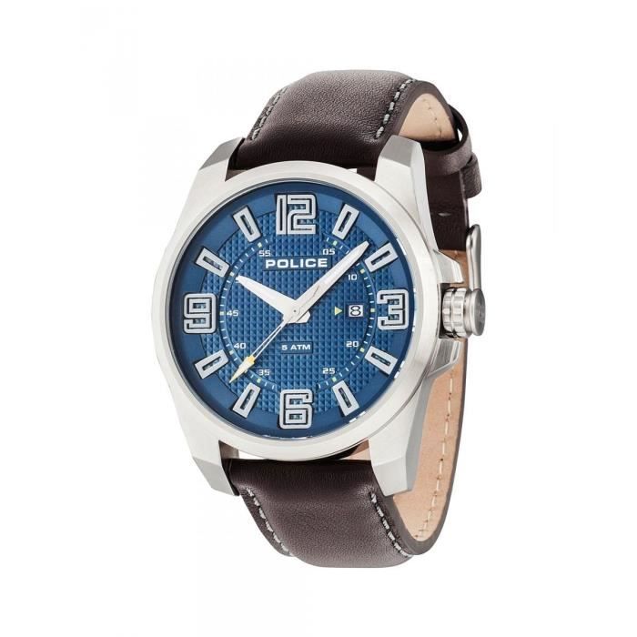 POLICE HOMME 46MM BRACELET CUIR MARRON QUARTZ CADRAN BLEU MONTRE 14762JS/03