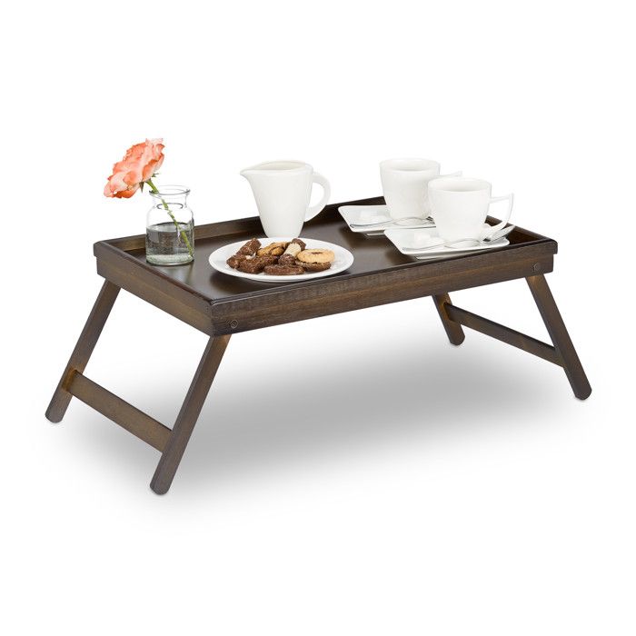 Relaxdays Tablette de Lit Bambou Pieds Rabats Rebords Plateau de Service & Petit Déjeuner, 22x64x31cm, Marron Foncé