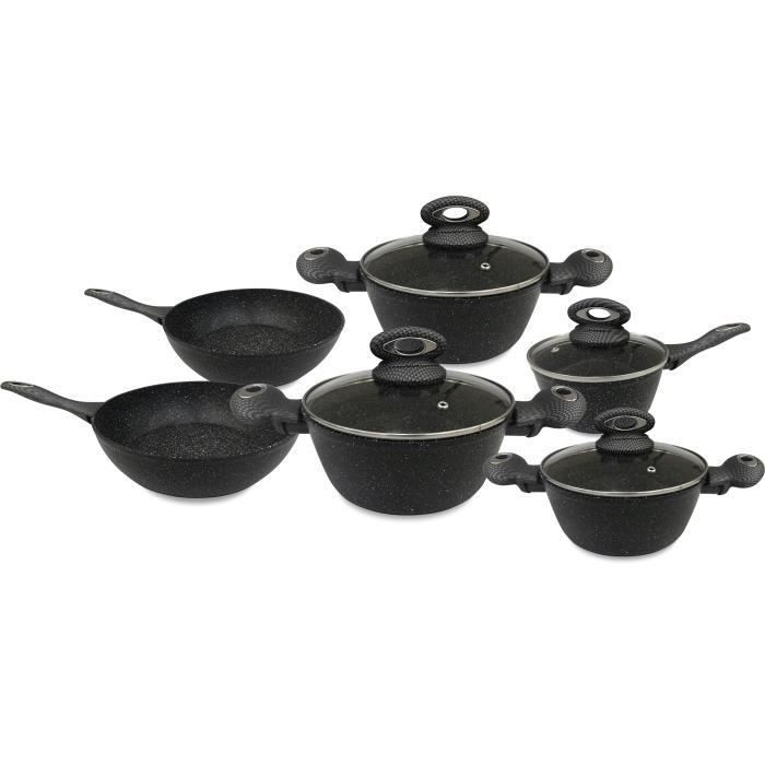 Haute Qualité Batterie Cuisine Induction Tous Types Feux Revêtement Marbre AntiAdhesif + 6 Manches AntiChaleur 10 Pièces Noir