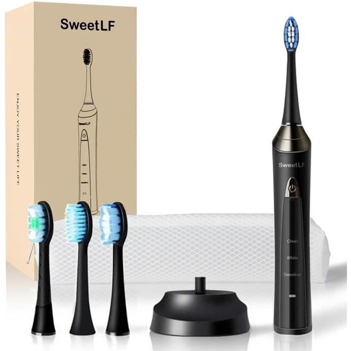 SweetLF®Brosse à Dents Electrique Sonique Rechargeable Sans Fil Pour Adultes Etanche avec 3 Modes et 4 Têtes de Rechange - Noir