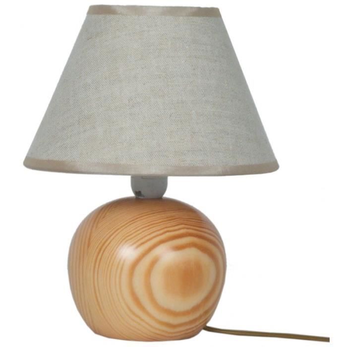 BOULE BOIS Luminaire, Lampe a Poser Hêtre,Fresne,Peuplier,Aulne Abat-Jour Empire Tissu Coton 1x40W E14 18 x 21,5 cm