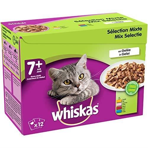 Whiskas Senior7+ - Sachets fraîcheur pour chat senior (stérilisé ou non), sélection mixte en gelée, 48 sachets repas de 100g