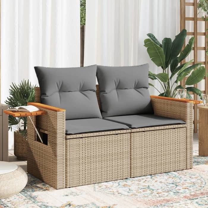vidaXL Canapé de jardin avec coussins 2 places beige résine tressée 366098