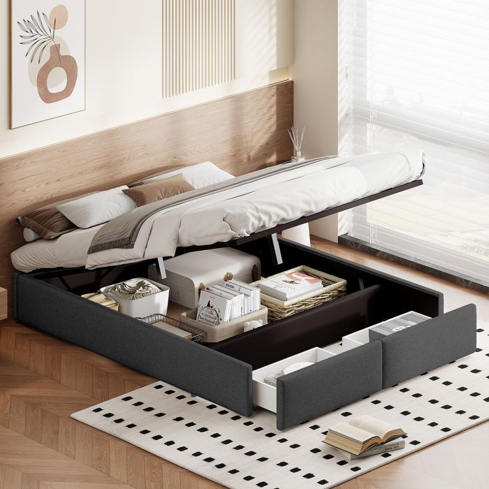 Lit coffre - Simple et moderne - 160x200 cm - Tissu coton-lin gris - 2 tiroirs + coffre hydraulique