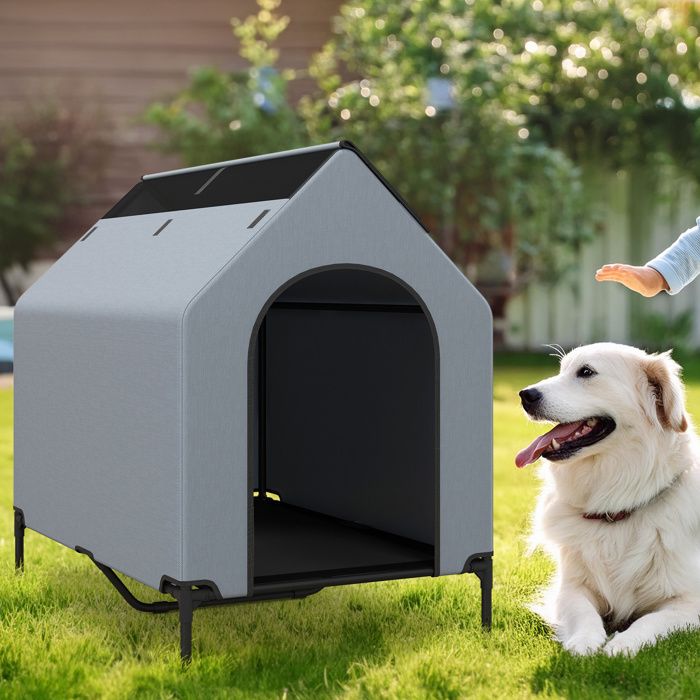 Meilleurs prix pour COSTWAY Niche 110 cm pour Moyens Chiens, Fenêtre, Housse Amovible, Lit pour Animaux Compagnie Surélevé, Abri pour Chien avec Auvent