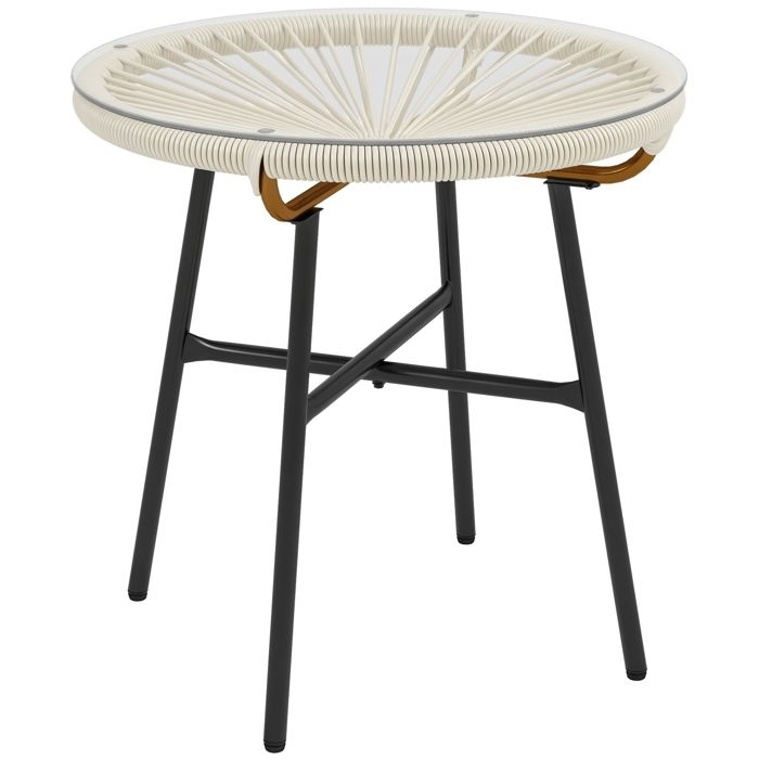 Table basse de jardin - Outsunny - ronde - aspect rotin et plateau en verre trempé - en résine métal - Ø 50 x 50 cm - crème