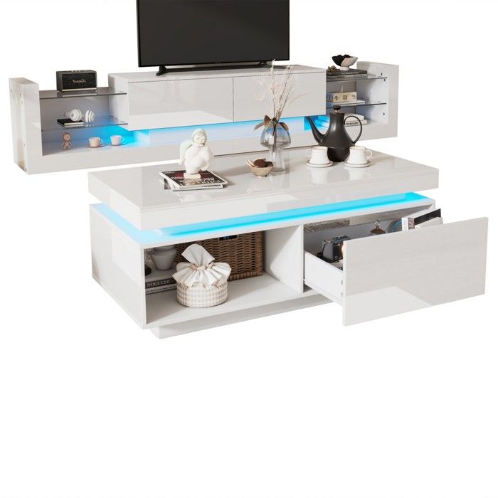 Ensemble meuble TV brillant + table basse - Meuble TV mural blanc & salon moderne - Design lumineux Ensemble meuble TV brillant + table basse - Meuble TV mural blanc & salon moderne - Design lumineux