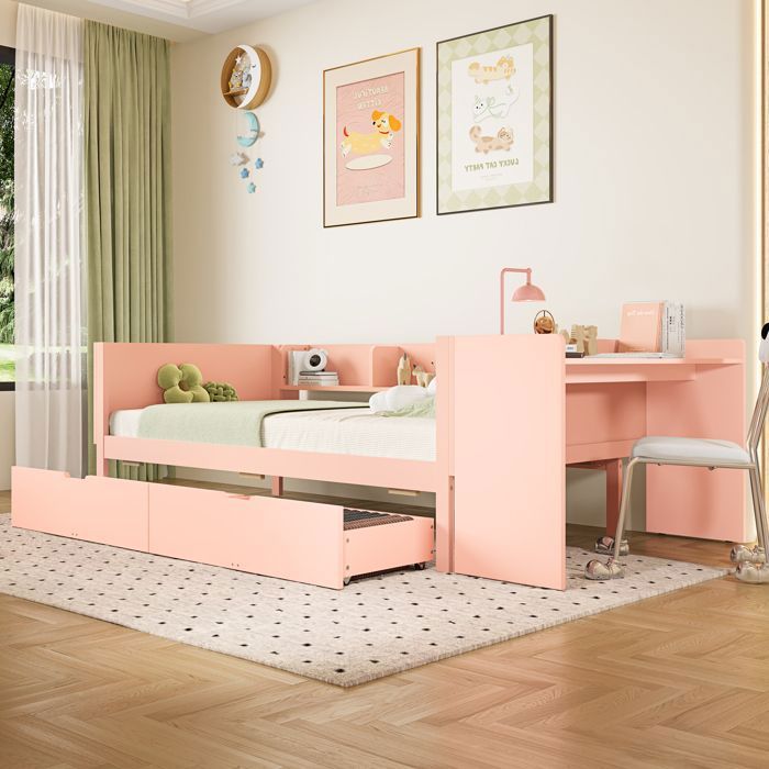 Lit plat lit en bois 90x200cm avec bureau équipé de 2 tiroirs lit simple