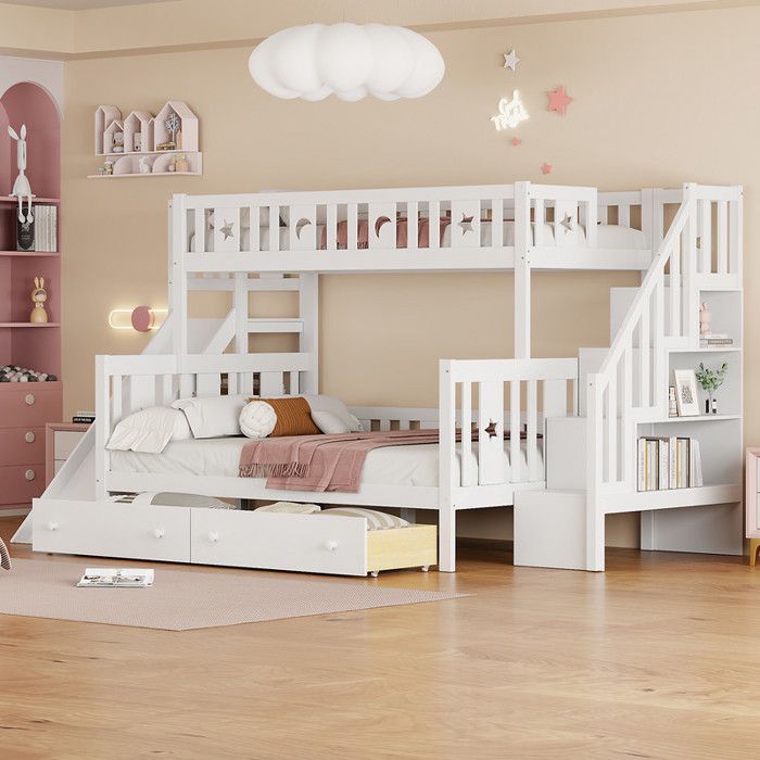 Lit superposé 90x200/140x200 cm Lit enfant avec toboggan et étagère Lit 2 personnes avec deux grands tiroirs Blanc