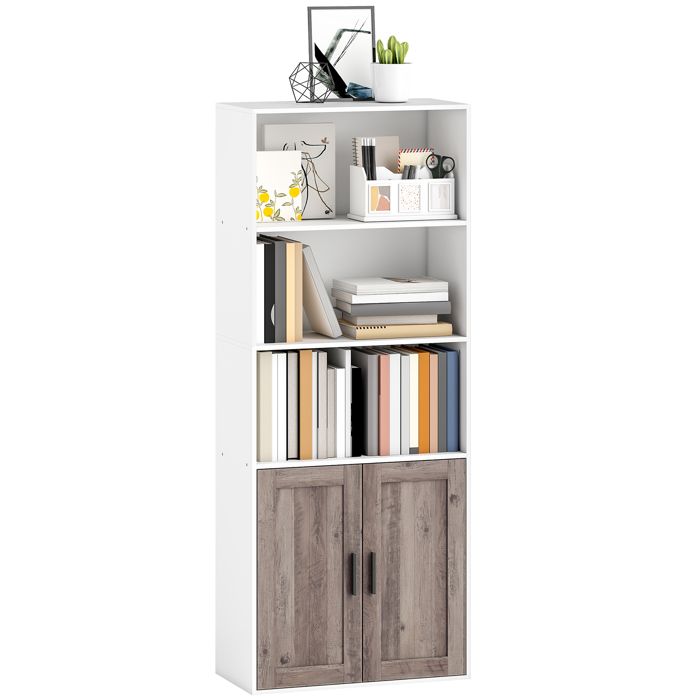 Bibliothèque - HOMCOM - 5 niveaux - avec compartiments ouverts et 1 placard - pour salon bureau - 60 x 30 x 1495 cm - blanc