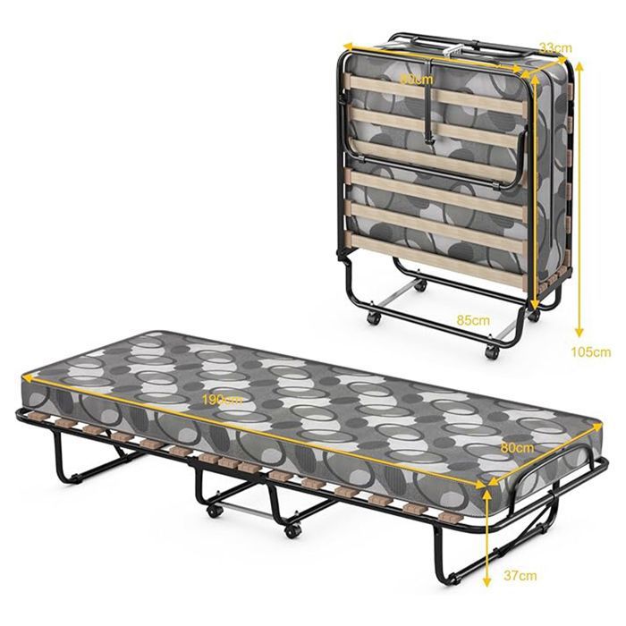 GIANTEX Lit dAppoint Pliable 80x190cm-Lit 1 Place à 4 Roulettes avec 15 Lattes-Matelas en Mousse à Mémoire-Cadre en Métal-130 kg GIANTEX Lit dAppoint Pliable 80x190cm-Lit 1 Place à 4 Roulettes avec 15 Lattes-Matelas en Mousse à Mémoire-Cadre en Métal-130 kg