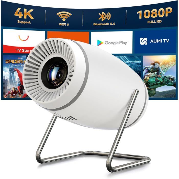 Mini Projecteur 4K WiFi 6 Bluetooth – Vidéo Projecteur Portable Android 11, Auto Keystone, 180° Pivotant, Écran 130" Beige