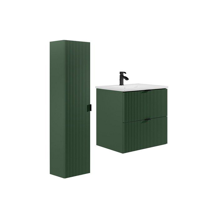 Meuble de salle de bain suspendu strié avec vasque à encastrer et colonne - Vert mat - 60 cm -ZEVINI