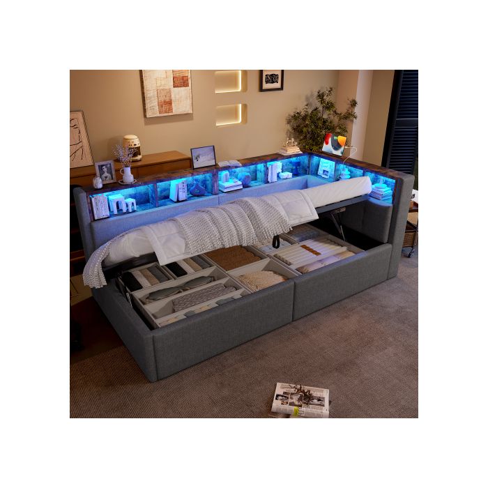 Canapé-lit rembourré 90 x 200 cm avec éclairage LED ports USB et Type-C Banquette-lit rangement hydraulique Lit de jour