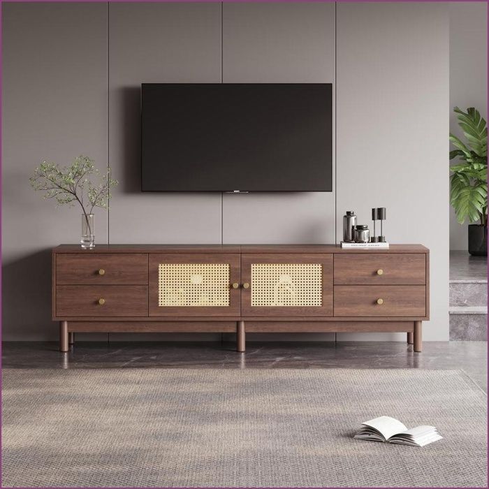 Meuble TV &amp  Divertissement - Cheminée TV 180cm Bois Brun Rattan - Pour TV jusquà 80 pouces