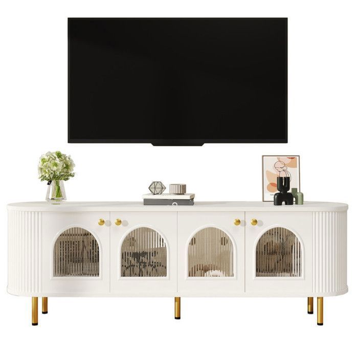 Meuble TV Lowboard portes vitrées poignées et pieds dorés meuble de rangement pratique pour le salon