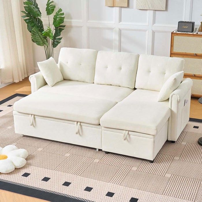 Canapé dangle convertible 3 places - Chaise longue réversible - Rangement intégré - Lit 180×124 cm - Tissu chenille beige