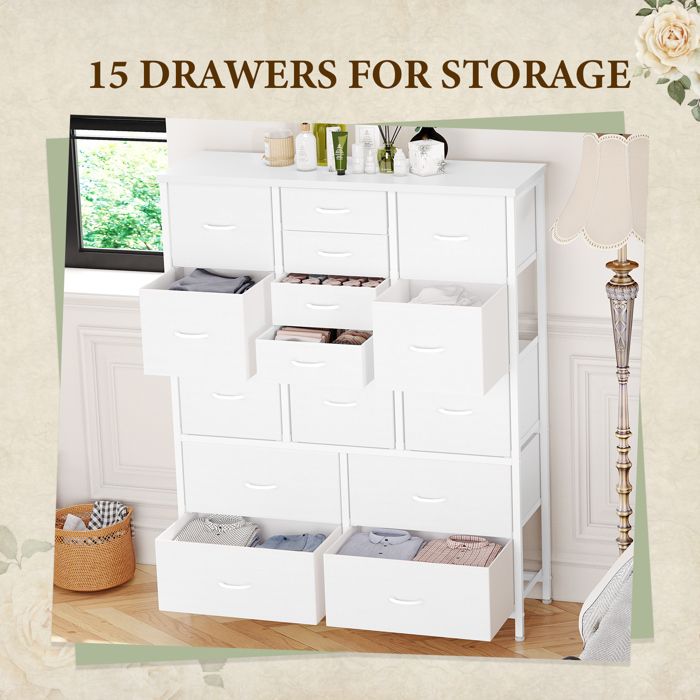 Commode 15 Tiroirs avec Dessus en Bois - Grand Dresser en Tissu pour Chambre Placard - Armoire de Rangement Élégante et Solide