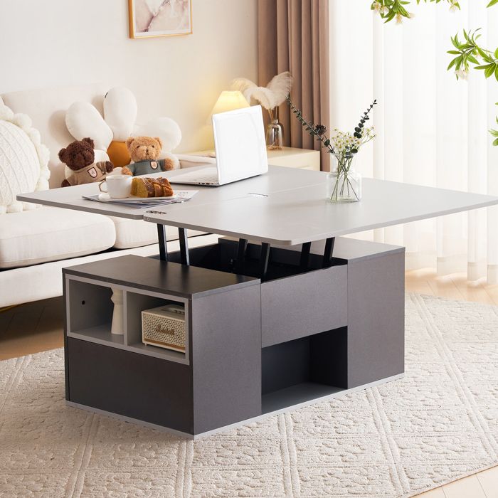 Table basse relevable multifonction gris foncé/clair - Plateau souvre en 2 tables - Moderne pour salon/salle à manger