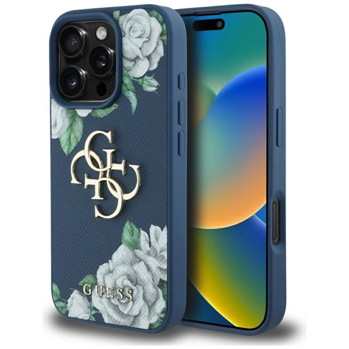 Guess Coque Hardcase 4G Grained Roses Big Logo pour iPhone 16 Pro Max Bleu - vue 4