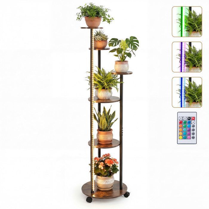 Porte-Plante à 6 Niveaux COSTWAY Lumières LED Réglable Roulettes Verrouillables Télécommande Support pour Plantes Intérieur Marron