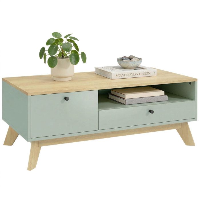 Table basse - HOMCOM - rectangulaire - tiroir porte et compartiment ouvert - MDF - 100x50x40cm - vert clair et chêne